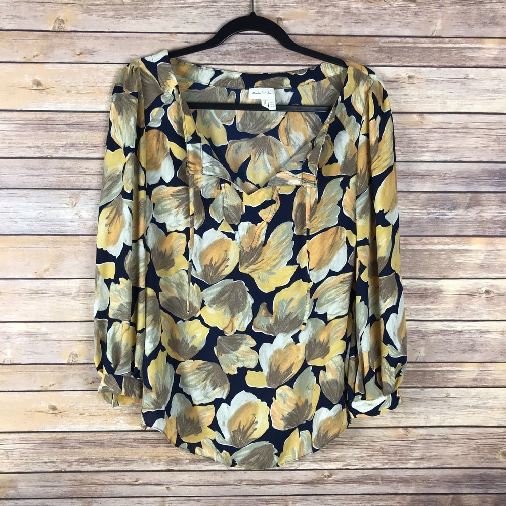 Meadow Rue Top Womens 2 Yellow Floral Blouse 3/4 Sleeve Pullover Tie Neck Woven